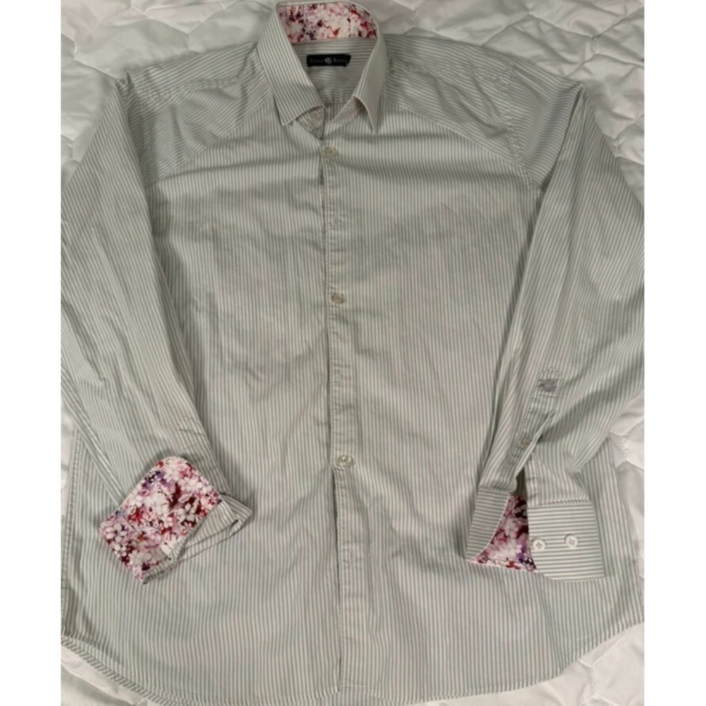 Stone Rose Mens Shirt 4/Large Striped Flower Flip Cuff Button Up Long Sleeve - Picture 2 of 10